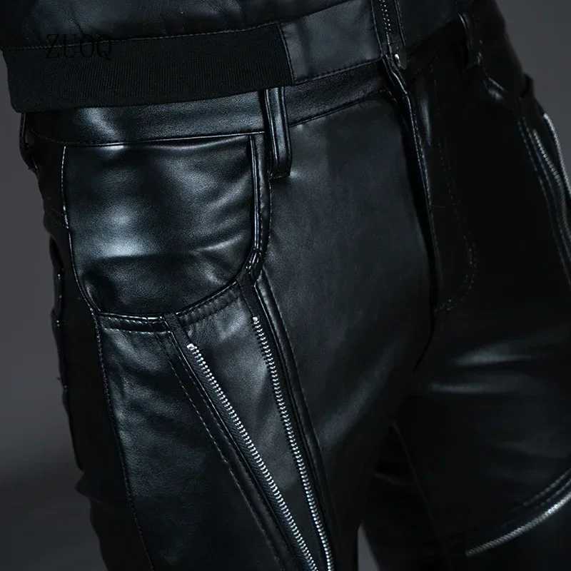 New Winter Mens Skinny Biker Leather Pants Fashion Faux Leather Motorcycle Trousers For Men Stage Club Wear W250819
