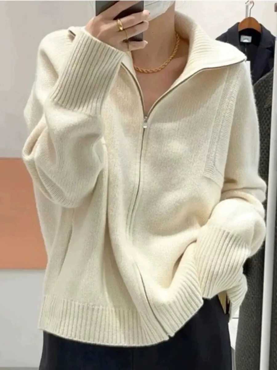 2023 Autumn/Winter Cashmere Womens Turtleneck Cardigan Heavy Zipper 100% Pure Wool Knitted Thick Sweater Loose Coat Base XJ250819