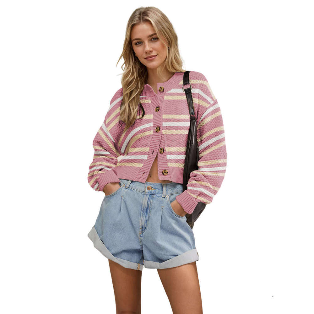 Autumn Winter New Knitted Jacket Color Block Women's Button Fashion Cardigan B3