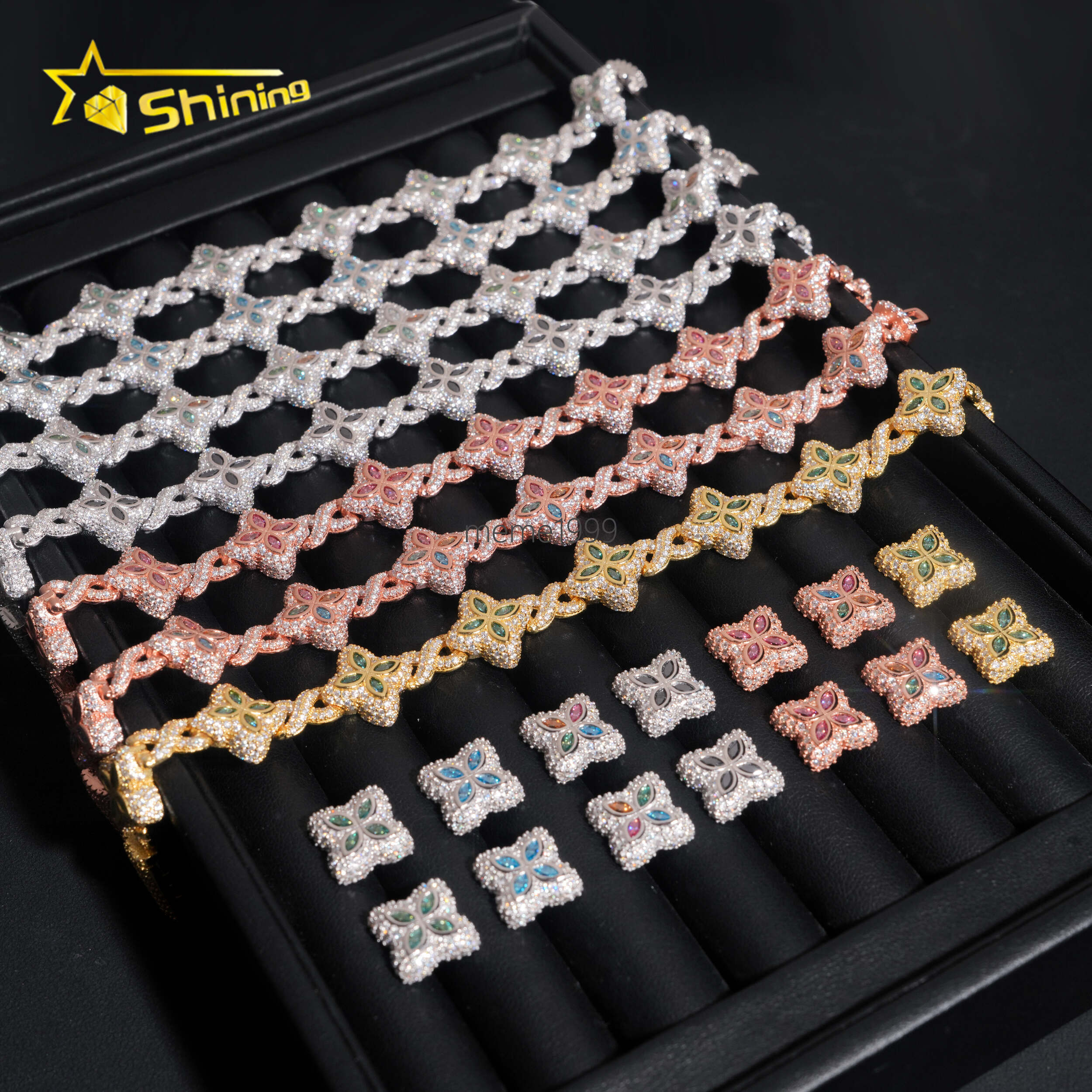 Hot Sale VVS Moissanite Iced Out 925 Silver 18K Gold Plated Colors Moissanite Flower 7 Bracelets 15mm Earrings Jewelry Sets