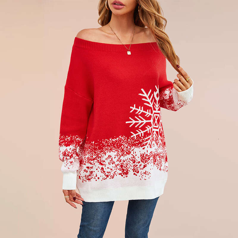 Women's Small Snowflake Sweater Autumn Winter Casual Off-Shoulder Knitted Top B5