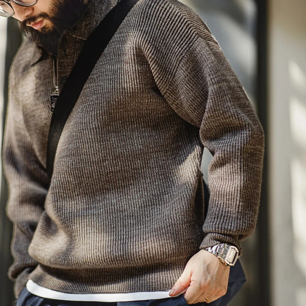 Maden Retro Knitted Polo Shirt Loose Coffee Color Lapel Sweater Autumn Winter Mens Uncle Fu Jumper Casual Knitwear 250819