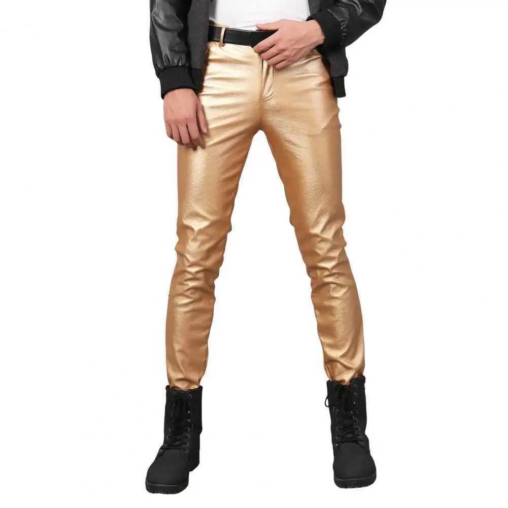 Hip Hop Men Faux Leather Pants Mid Waist Slim Button Zipper Waterproof Streetwear Party Club Performance Pants W250819