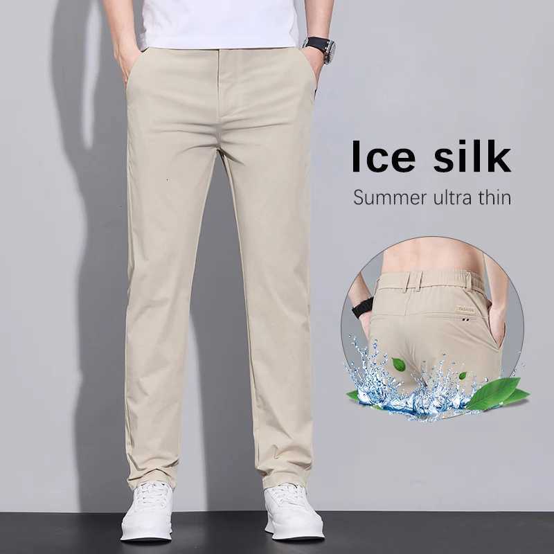 Summer Ultra-thin Mens Ice Silk Casual Pants Solid Color Fashion Korean Business Office Fitted Straight Trousers Brand Clothes W250819