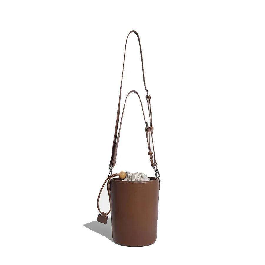 Korean Drawstring Cylinder Design Bucket Bag Female Solid Purse Handbags Fashion Trend Pu Leather Single Shoulder Crossbody Bags
