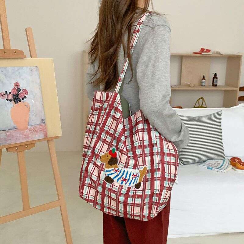 Small Dog Plaid Handbag 2025 Spring New Large Capacity Underarm Shoulder Casual Hundred Reversible Canvas Women's Bag