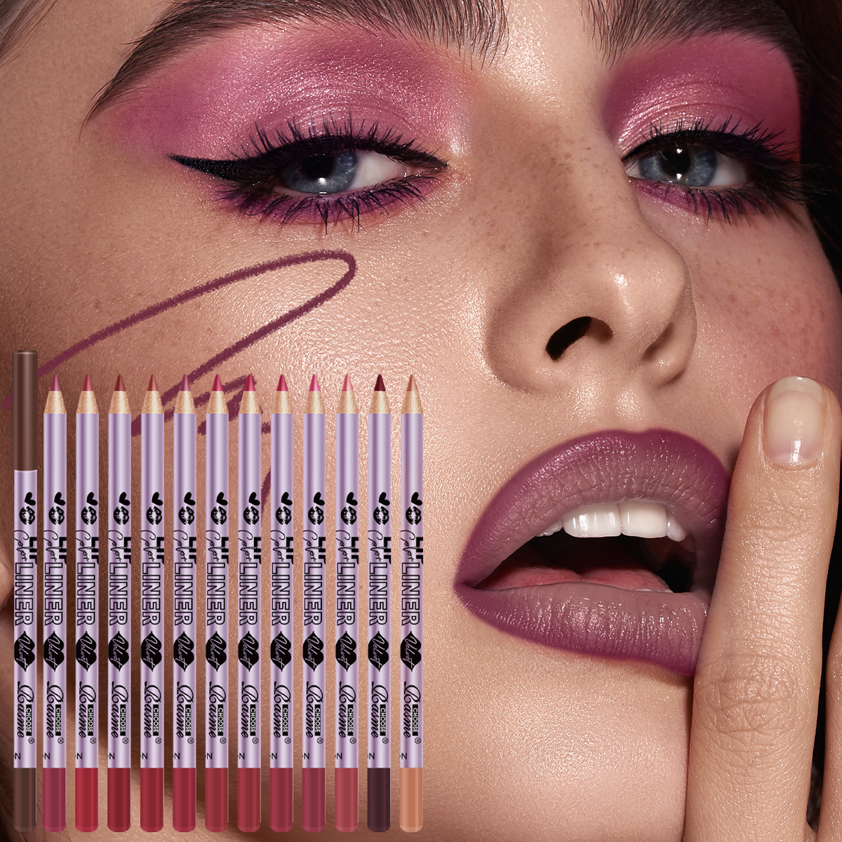 12 Colors Purple Lip Liner Set - Waterproof Matte Lip Pencils, Long Lasting Vegan Makeup Kit for Women