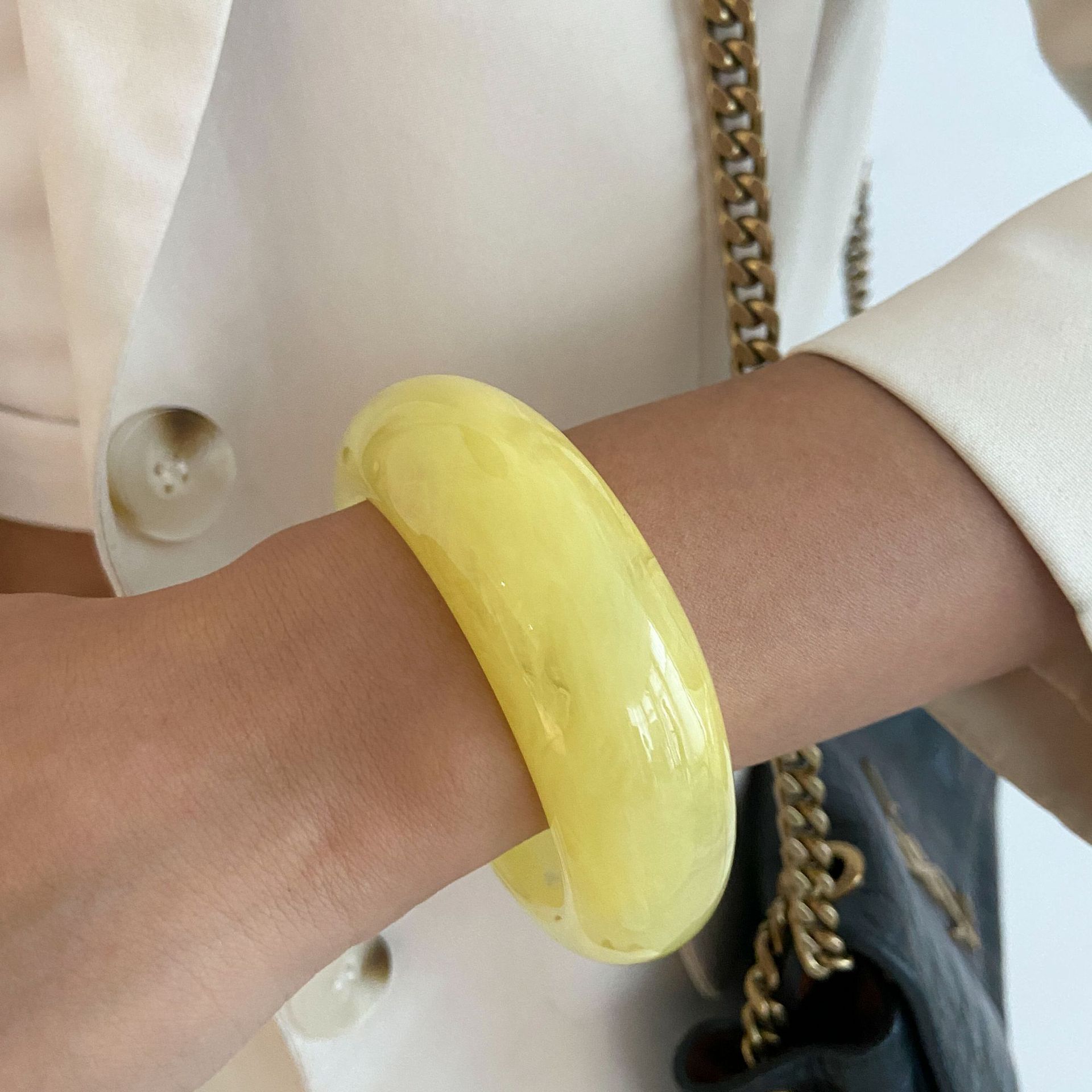 Contemporary Resin Cuff Bracelet Asymmetrical Ombre Blue Wide Bangle with Dual Coil Mechanism
