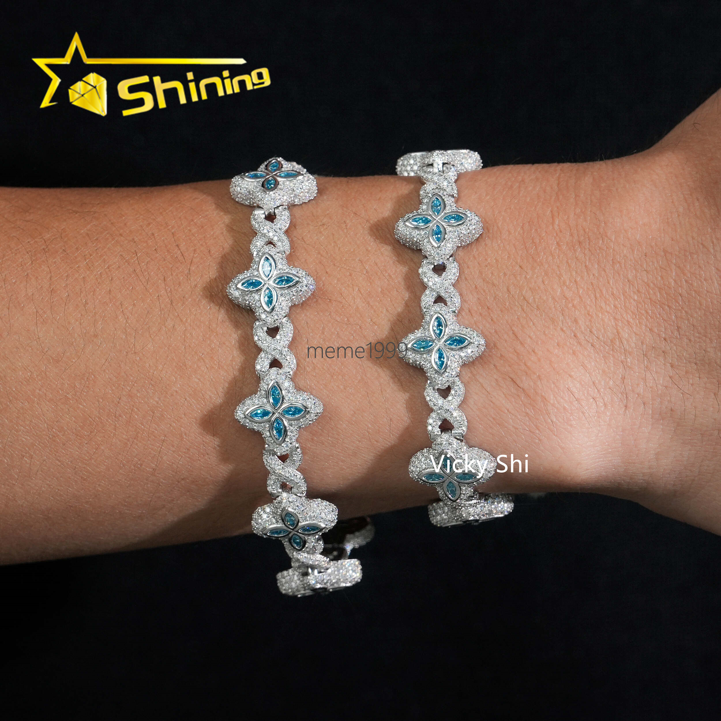 Popular Blue Color Clover Cuban Chain Moissanite Fine Jewelry Custom Iced Out 925 Silver Men Cuban Link Moissanite Necklace