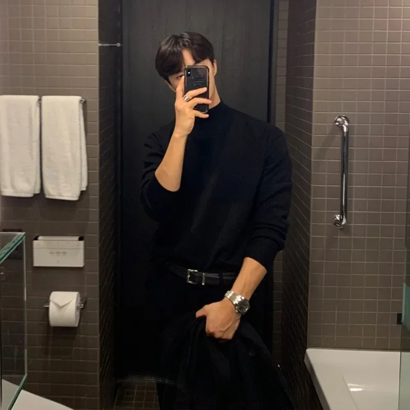 Autumnwinter Half Polo Turtle Neck Sweater Mens Korean Style Loose Fit Color Medium Knit Base Layer Top Sleeve Inner 250819