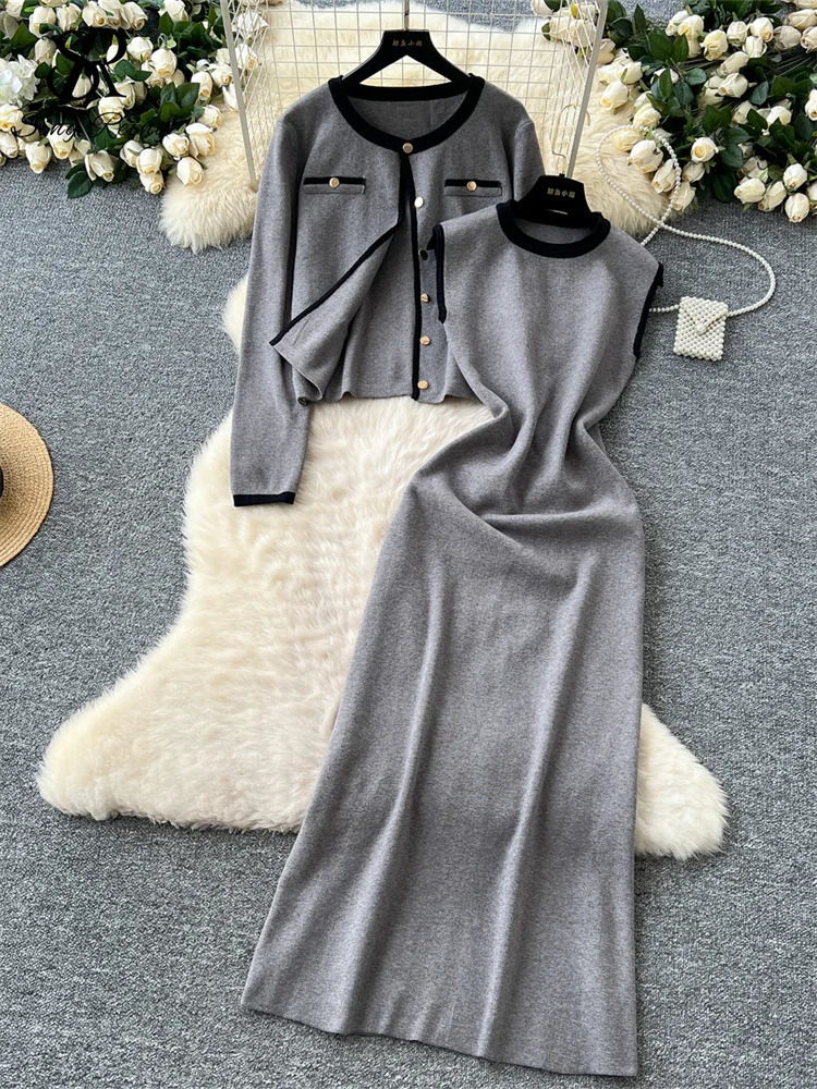 SINGREINY Ladies Elegant OL Knitted 2pcs Suits Basic Single Breasted CardiganSleeveless Slim Fit Dress Autumn Sweater Sets 250818