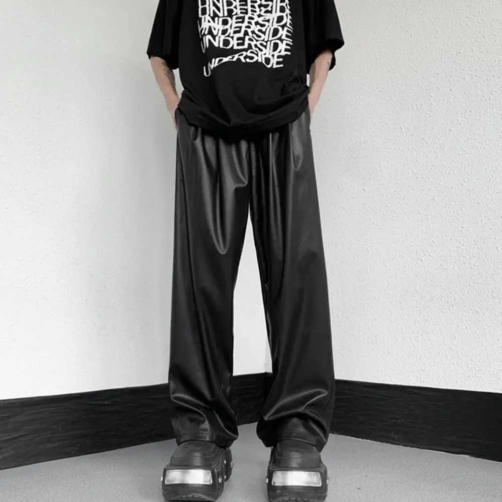 Men Straight Pants Drawstring Elastic Waist PU Leather Pants Hip Hop Wide Leg Loose Streetwear Unisex Waterproof Long Trousers W250819