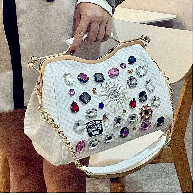 Genuine Leather Dias Women Handbags New Fashion Lady Tote Bag Colorful Crystals Chain Shoulder Messenger Bags