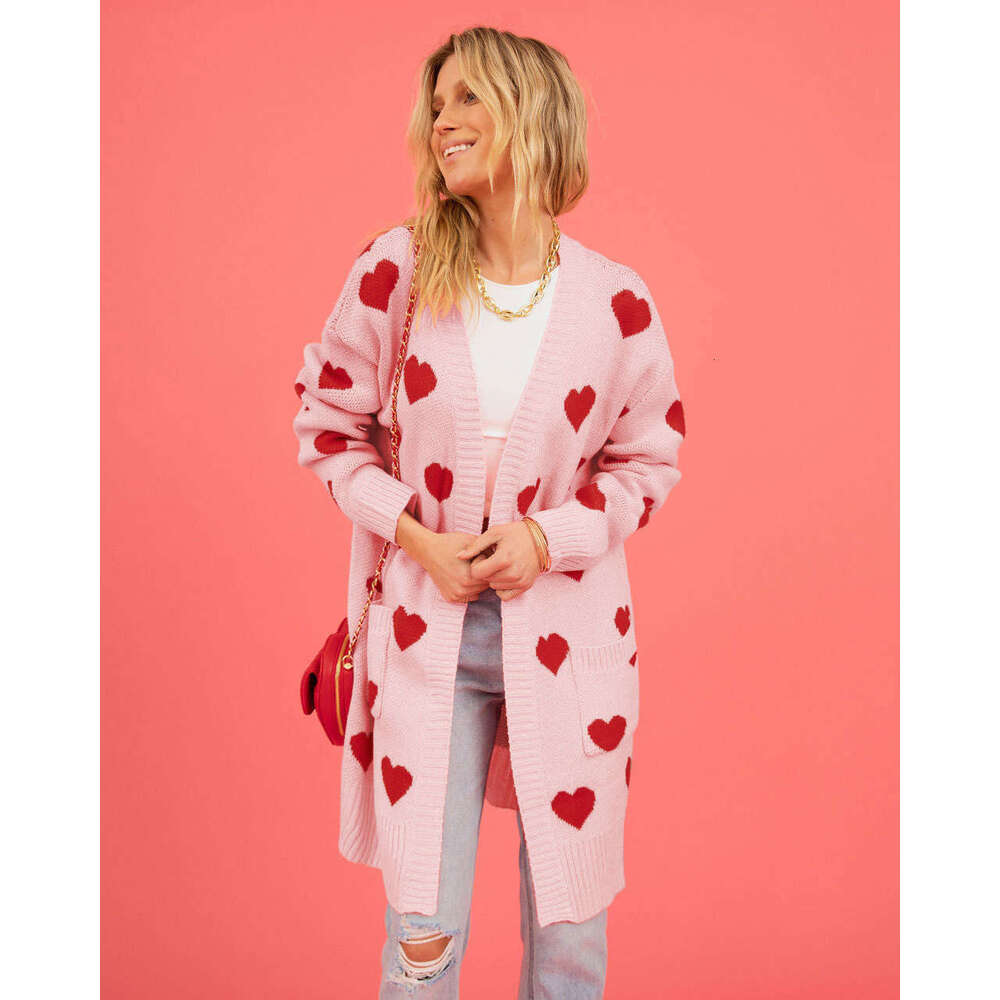 Women's New Valentine's Day Heart Pocket V-Neck Mid-Length Knitted Cardigan Jacket B5