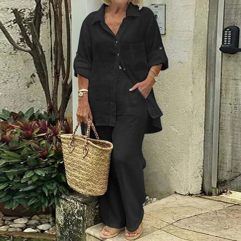 Summer Cotton Linen Casual Home 2 Piece Set For Women 2025 Fashion White Long Sleeve Shirt And Shorts Two Piece Sets Tracksuit 250819