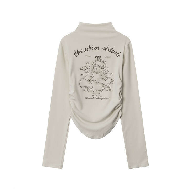 Angel Print Ruched Design Spring Long Sleeve T-Shirt For Women Pure Desire Style Sexy Short Top B3