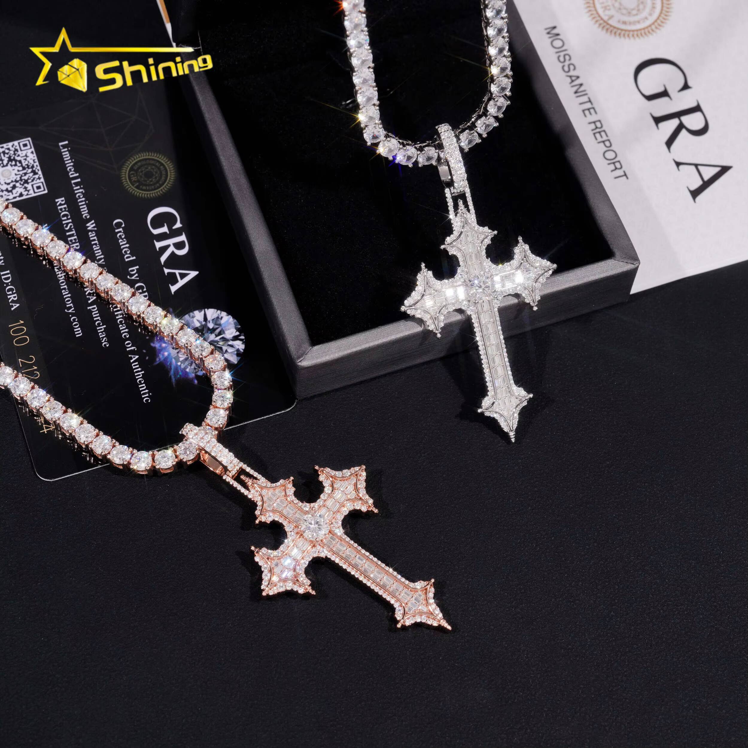 Stock Passes Diamond Tester 925 Sterling Silver Cross Pendant Necklace Hip Hop Jewelry Vvs Moissanite Mens Cross Pendant Charm