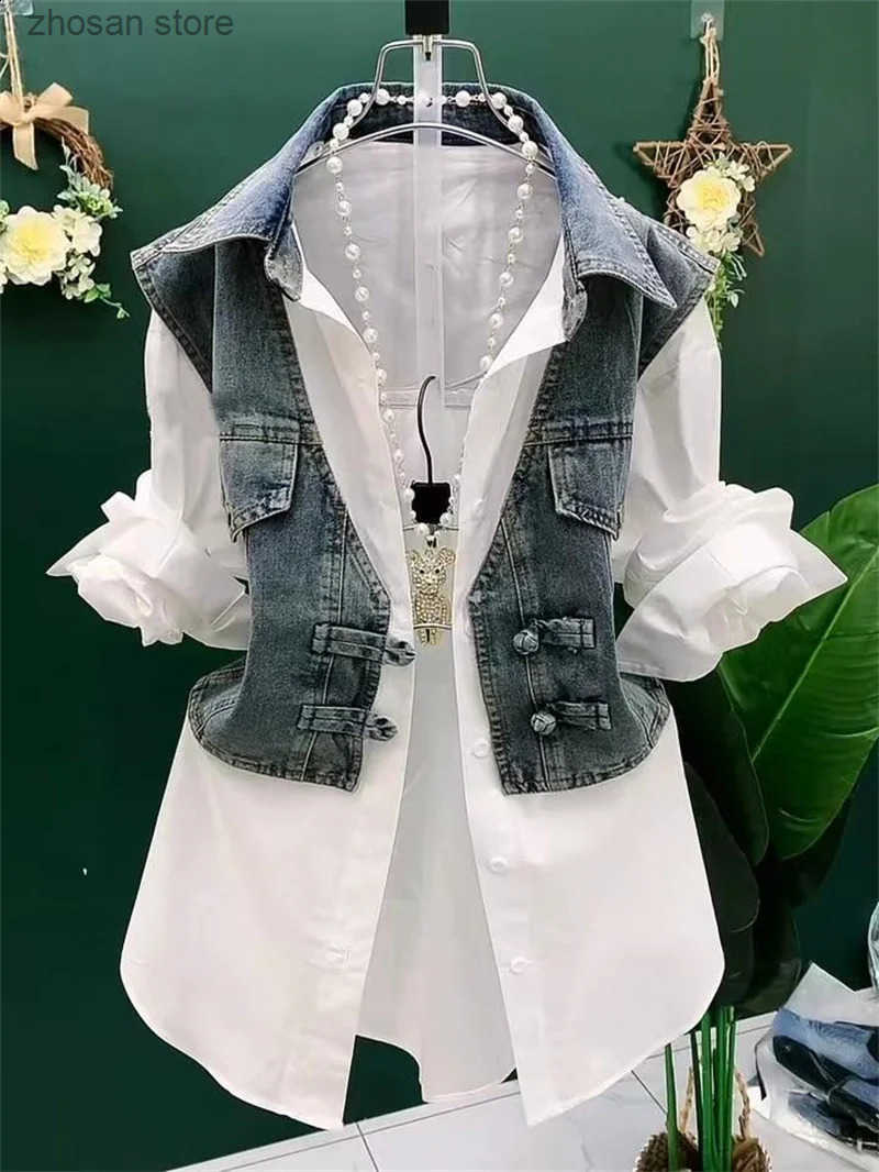 Fashion Striped Denim Jacket Women Spring Summer Plate Button Sense Stitching Waistcoat Shirt Chic Top 250228 S250819