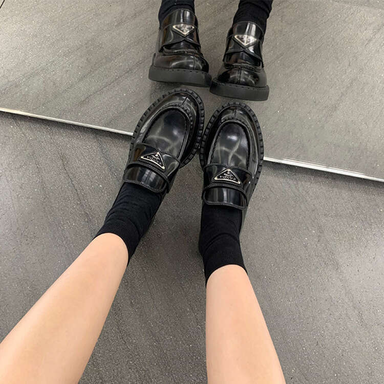 Sheepskin Version ~ British Style Women's Round Toe Triangle Logo Chunky Heel Thick Sole Loafers Versatile Slip-On Shoes