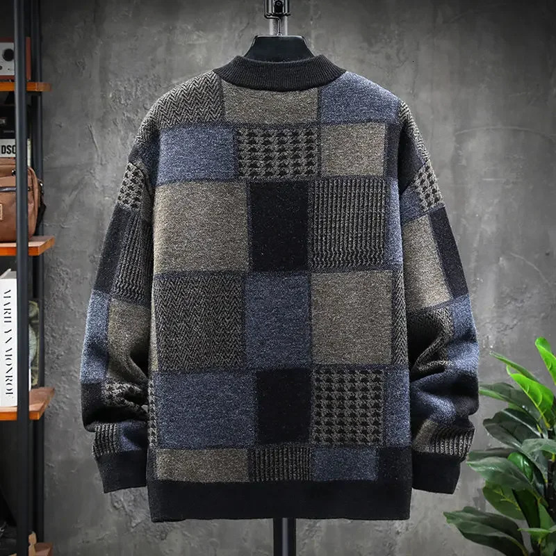 England Style Single Breasted Plaid Pattern Cardigan for Men Fall Winter Casual Loose Fit Baseball Collar Sweater Jacket 250819