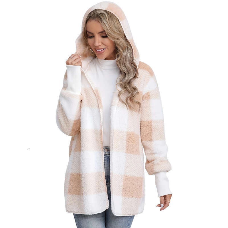 Plush Women's Jacket Hot Sale Of The Season New Long Sleeve Plaid Hooded Zipper with Pocket Loose Outerwear Punk Style Casua