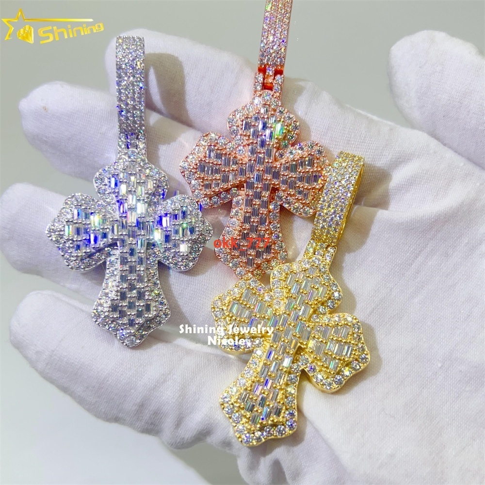 Fine Jewelry 925 Silver Baguette Diamond Cross Charms Moissanite Hip Hop Jewelry Mens Moissanite Pendant