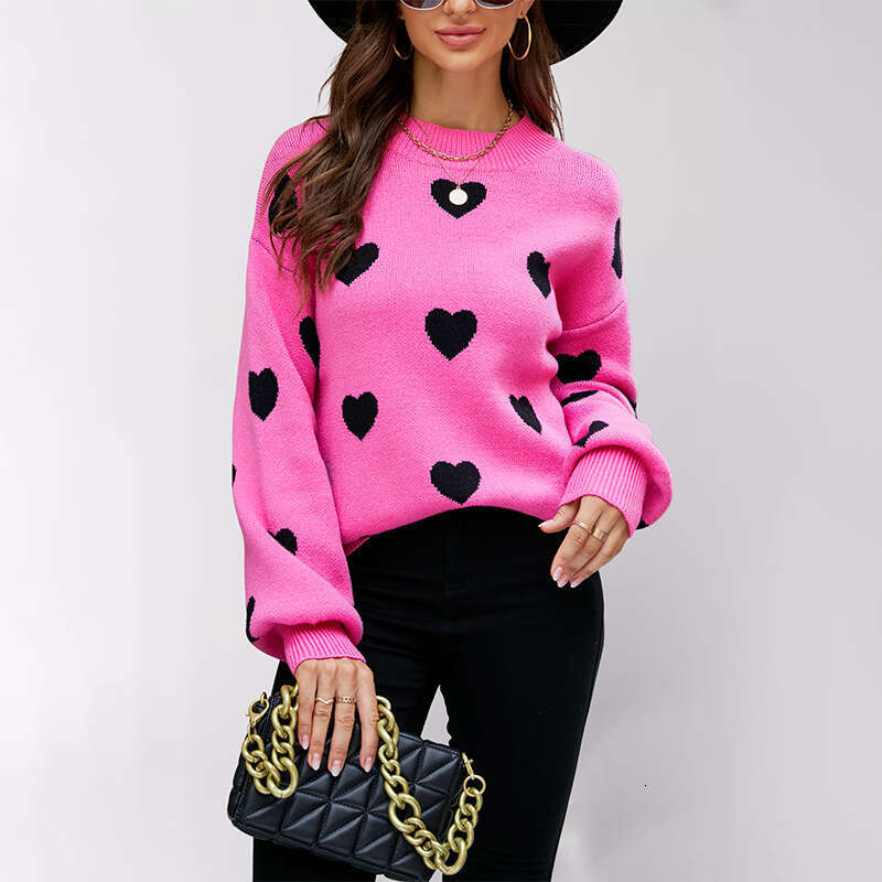 Winter Women's New Valentine's Day Heart Peach Pullover Knitted Loose Sweater B5