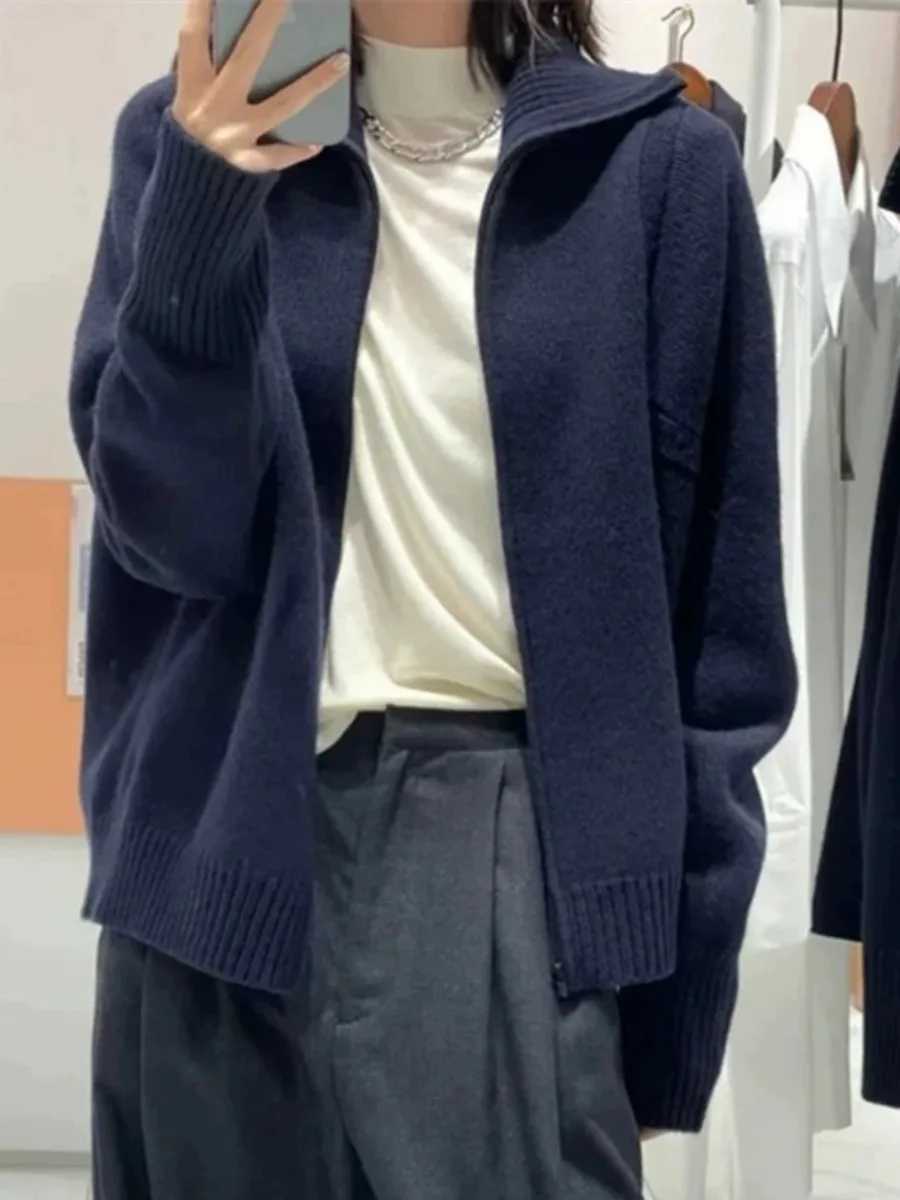 2023 Autumn/Winter Cashmere Womens Turtleneck Cardigan Heavy Zipper 100% Pure Wool Knitted Thick Sweater Loose Coat Base XJ250819