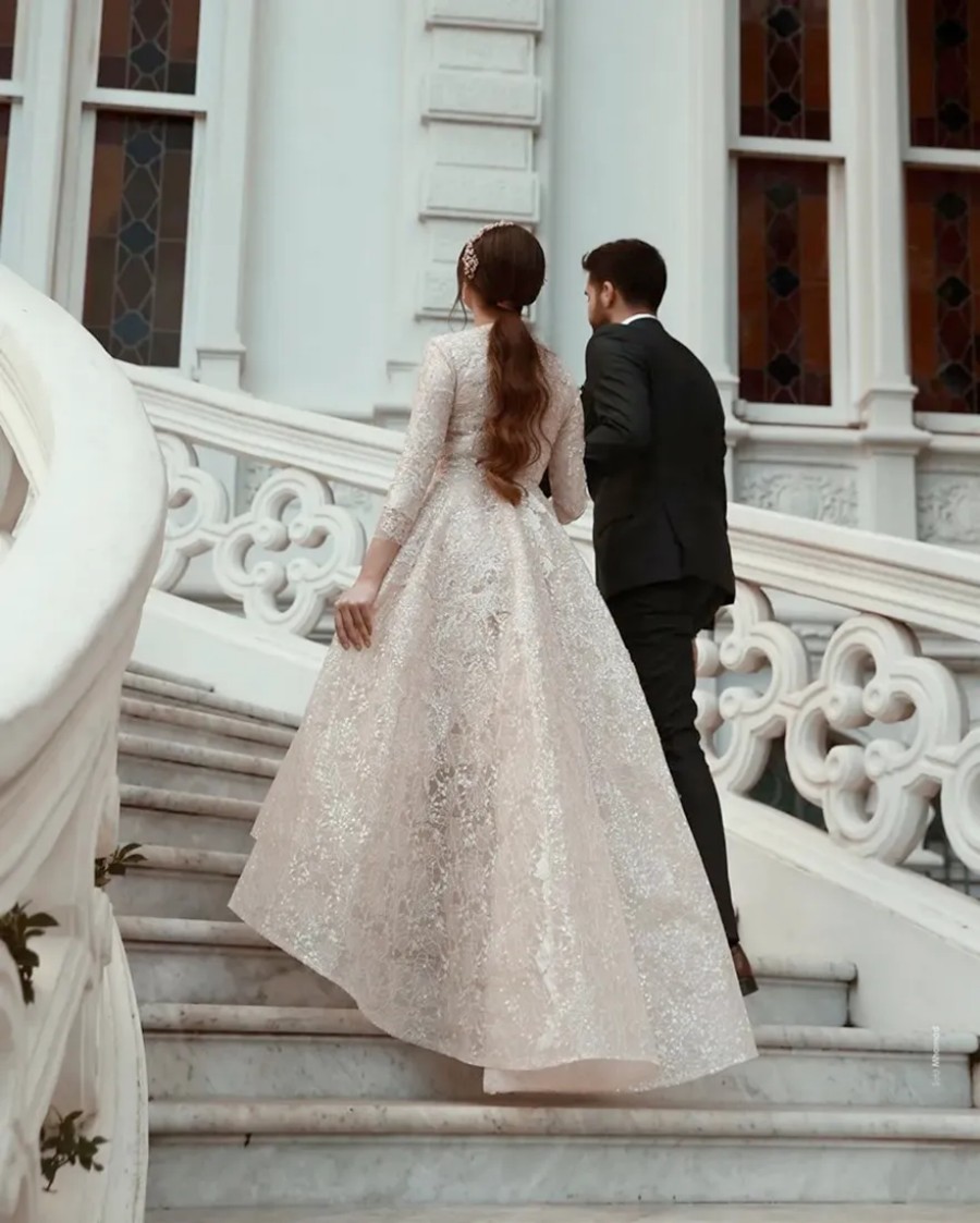 arabic aso ebi gold muslim lace wedding dresses beaded aline bridal dresses vintage sexy wedding gowns