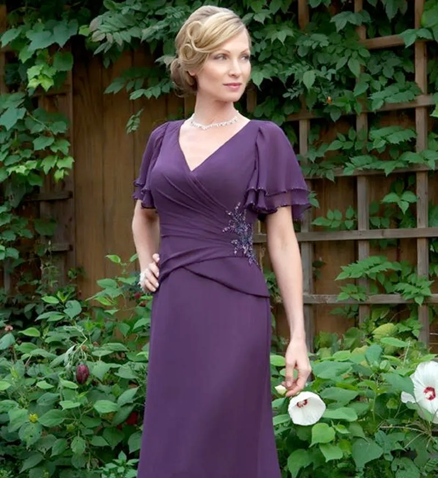 New Dark Purple Mother Of The Bride Dresses V Neck Ruched Short Sleeves Mother's Dresses Long Chiffon Evening Party Gowns