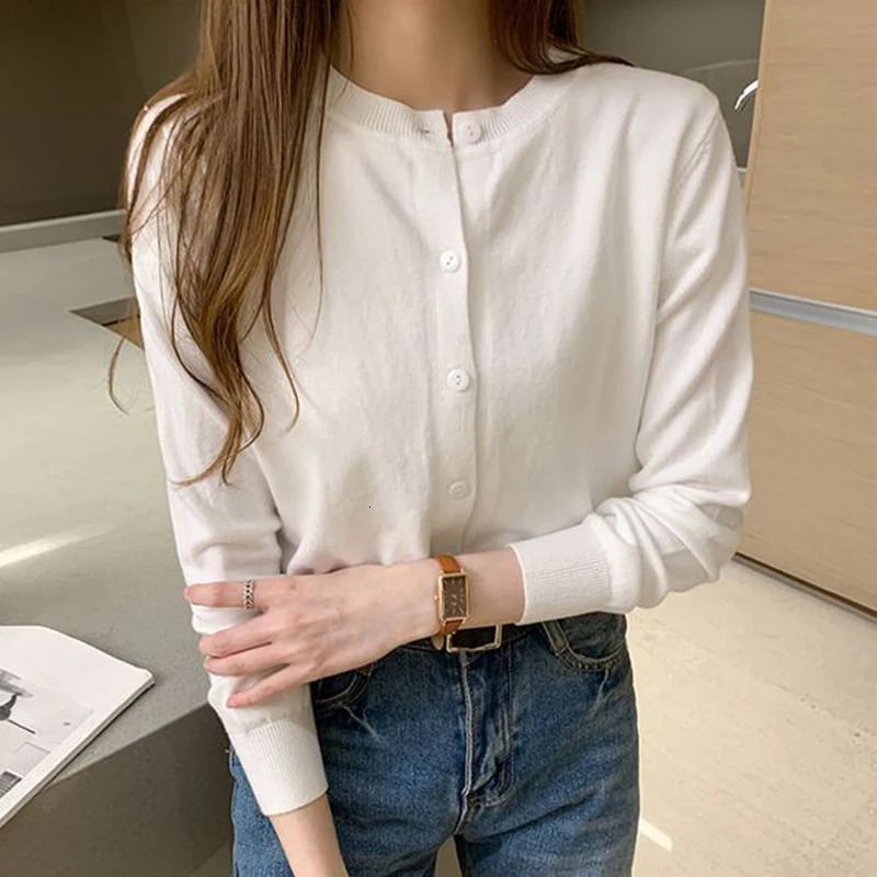 Rimocy Knitted Cardigan Jacket Women Spring Autumn Round Neck Casual Cardigans Woman Solid Color Slim Korean Jumpers Female 250819