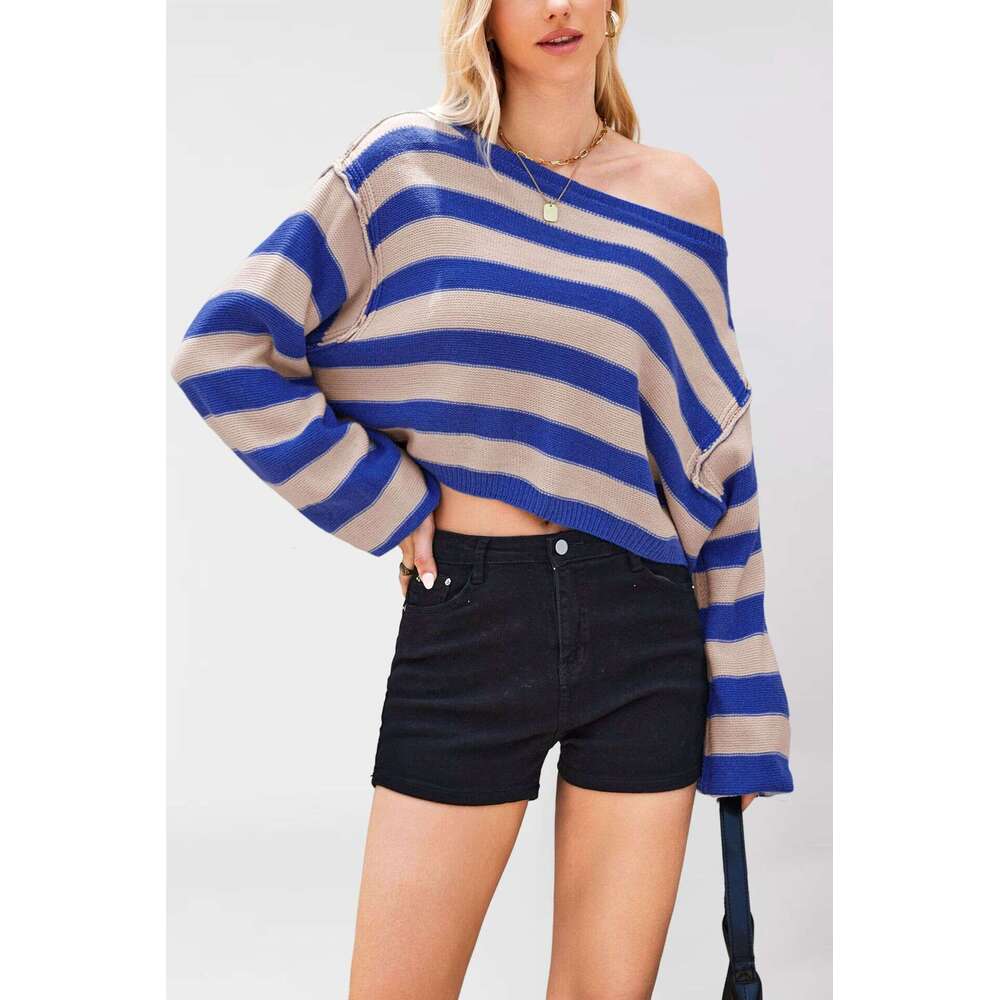 Autumn Winter Temu Women's Pullover Sweater Striped Loose Short Knitted Top B5