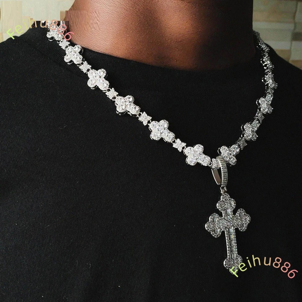 In Stock Iced Out Bling Rectangle Moissanite Hip Hop Cross Pendant Necklace Cross Chain Fine Jewelry Set for Men