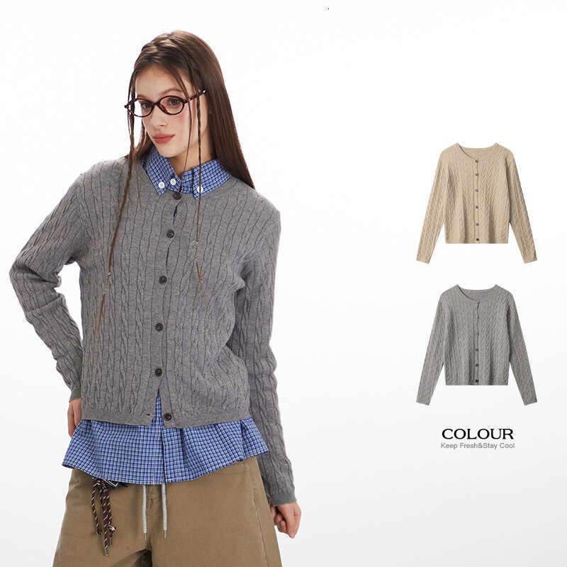 Cable Knit Design Single-Breasted Knitted Cardigan Women's Long Sleeve Coat Casual Soft Sweater B5