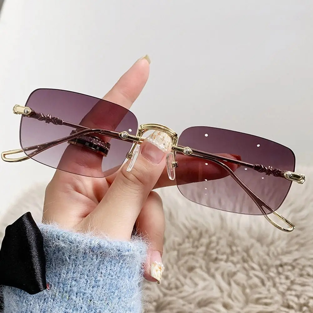 Metal Rectangle Sunglasses Fashion Rimless UV400 Eyewear Ocean Lenses Sun Glasses for Women Men 250815