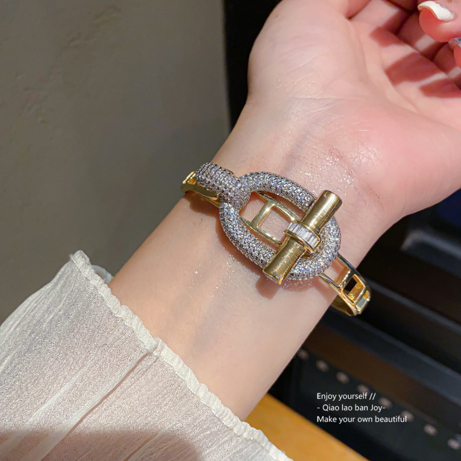 Gold Tone Lock - Chain Shaped Cuff Bracelet With Crystal Accents Elegant Daily And Special Occasions Gift For Her High Quality And Stylish Jewelry