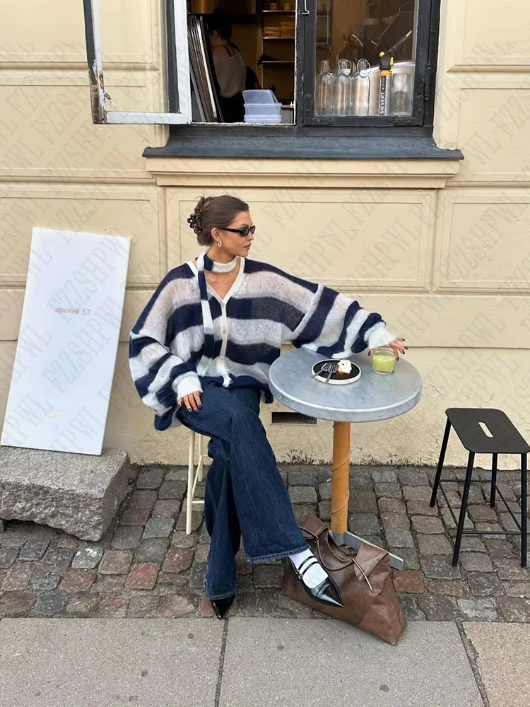 Y2K Harajuku Aesthetic Womens Autumn Winter Striped Knitted Sweater Casual Loose Chic Fashion Cardigan Pullover Streetwear 250819