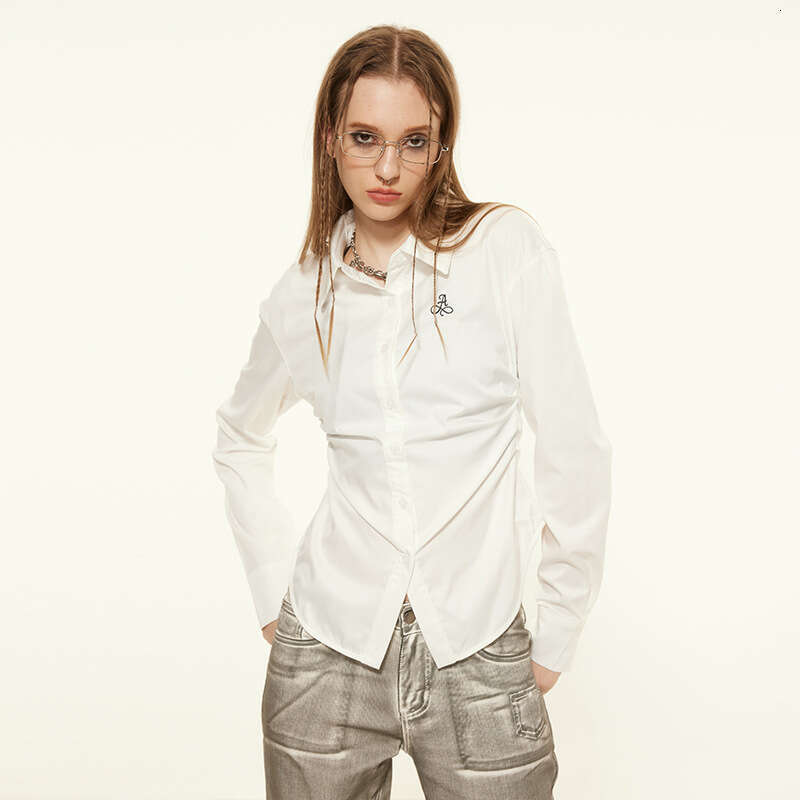 American Style Waist-Cinching Polo Collar Long Sleeve Shirt For Women, Unique Design, Niche Hot Girl Slim Fit Trendy Brand Top B5