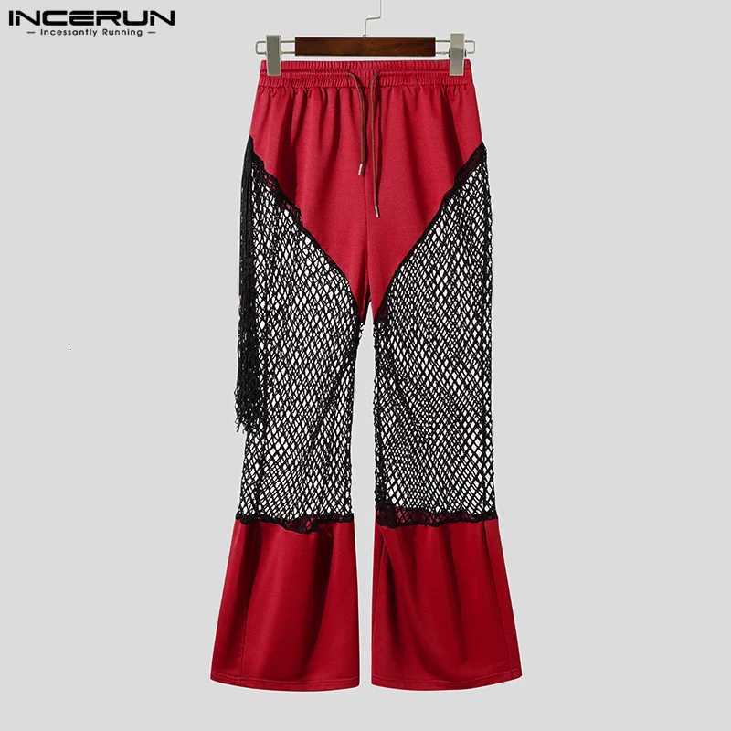 2025 American Style Trousers Fashion Mens Mesh Splicing Hollow Perspective Pants Casual Streetwear DrAWstring Trousers W250819
