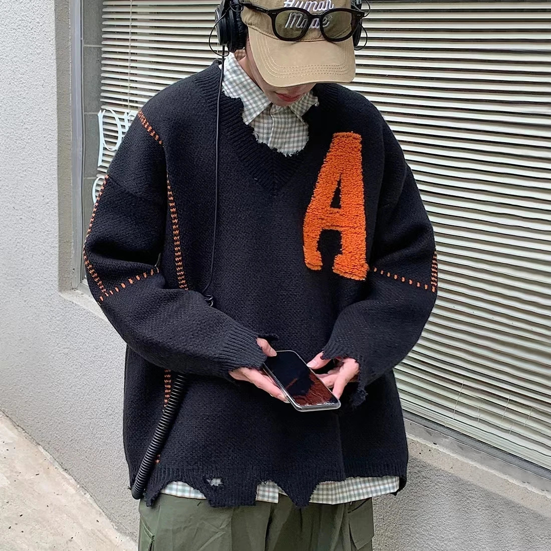 Irregular Hem Frayed Letter y V Neck Casual Sweaters Men and Women High Street Retro Pullover Knitted Autumn Clothes 250819