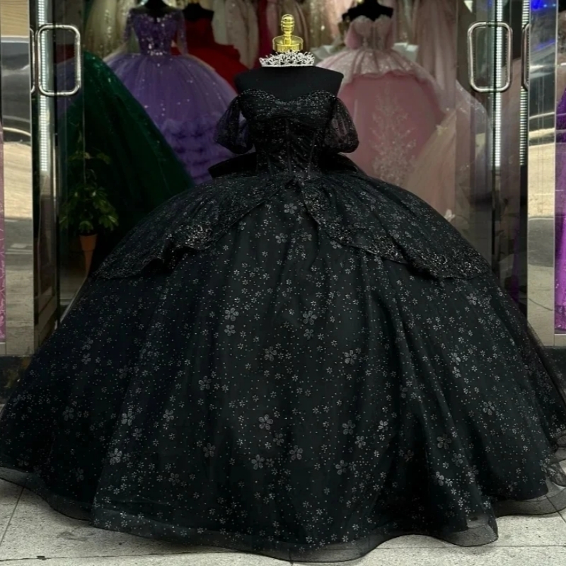 Black Shiny Quinceanera Dresses Ball Gowns Sequin Applique Beads Tulle Birthday Party Sweet 16 Dress Vestidos De 15 Anos