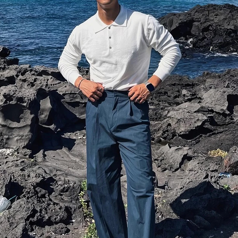 Slim Fit Button-up Turn-down Collar Knit Polo Shirt Fall Fashionable Mens Long Sleeve Polos Trendy Mens Solid Color Polo Shirts 250818