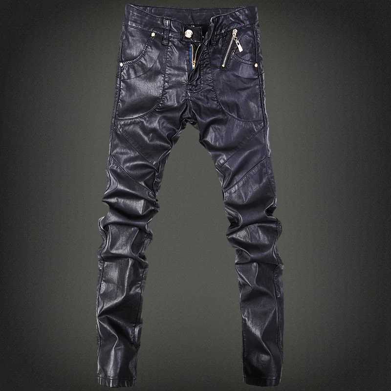 YASUGUOJI New 2025 Outdoors Pu Leather Pants Men Brand Fashion Skull Tag Patchwork Mens Skinny Motorcycle Leather Jeans W250819