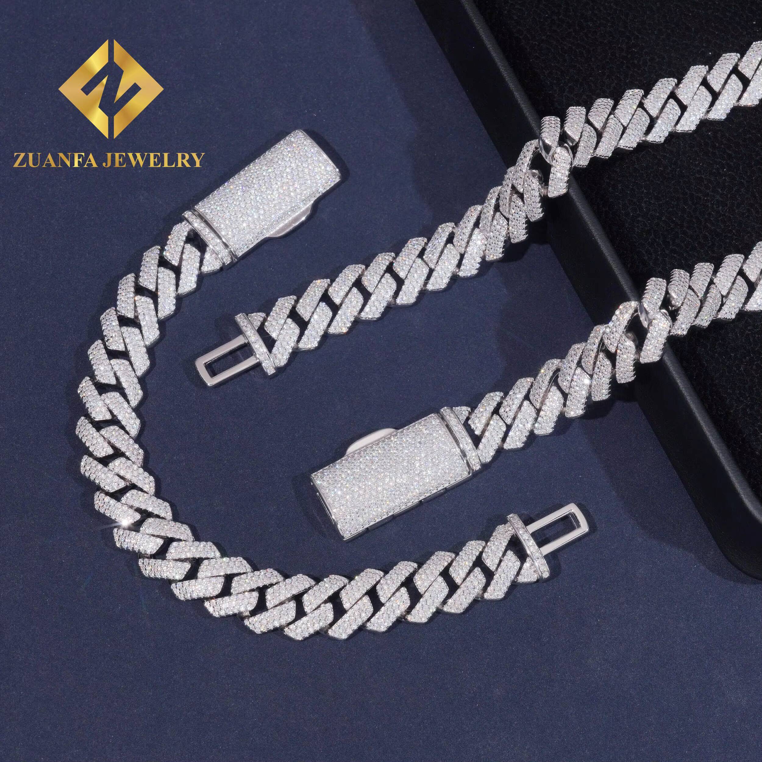 Ready to Ship 13mm 2 Rows Moissanite Pass Diamond Tester 925 Silver Gold Plated Cuban Link Chain Fine Jewelry