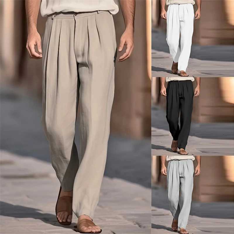 Casual Breathable Solid Color Linen Trousers Men Spring Summer Daily Leisure Loose Straight Pants For Men Fashion Pleated Pants W250819