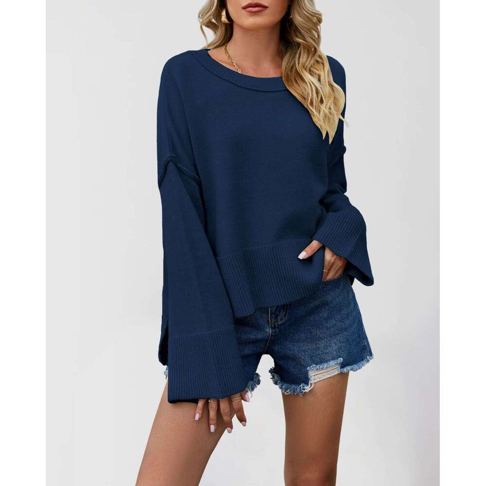 Autumn And Winter New Women's Clothing Street Style Flared Sleeve Solid Color Round Neck Sweater B5