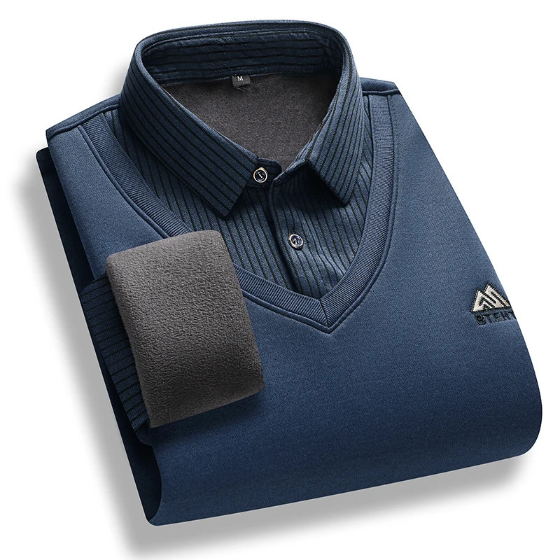 Mens Fleece Lined Sweater Polo Collar Pullover Tops Two Piece Fashion Business Causal Pullovers Thick Winter Clothes 250819