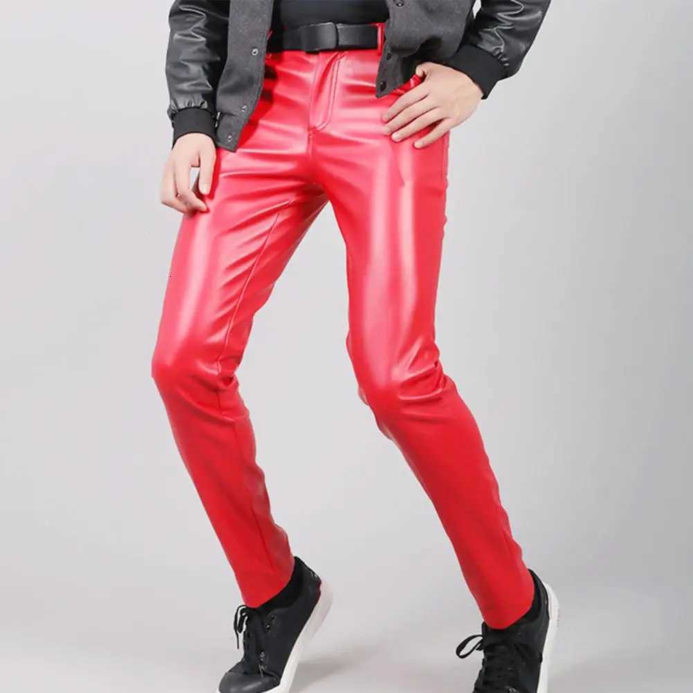 Hip Hop Men Faux Leather Pants Mid Waist Slim Button Zipper Waterproof Streetwear Party Club Performance Pants W250819