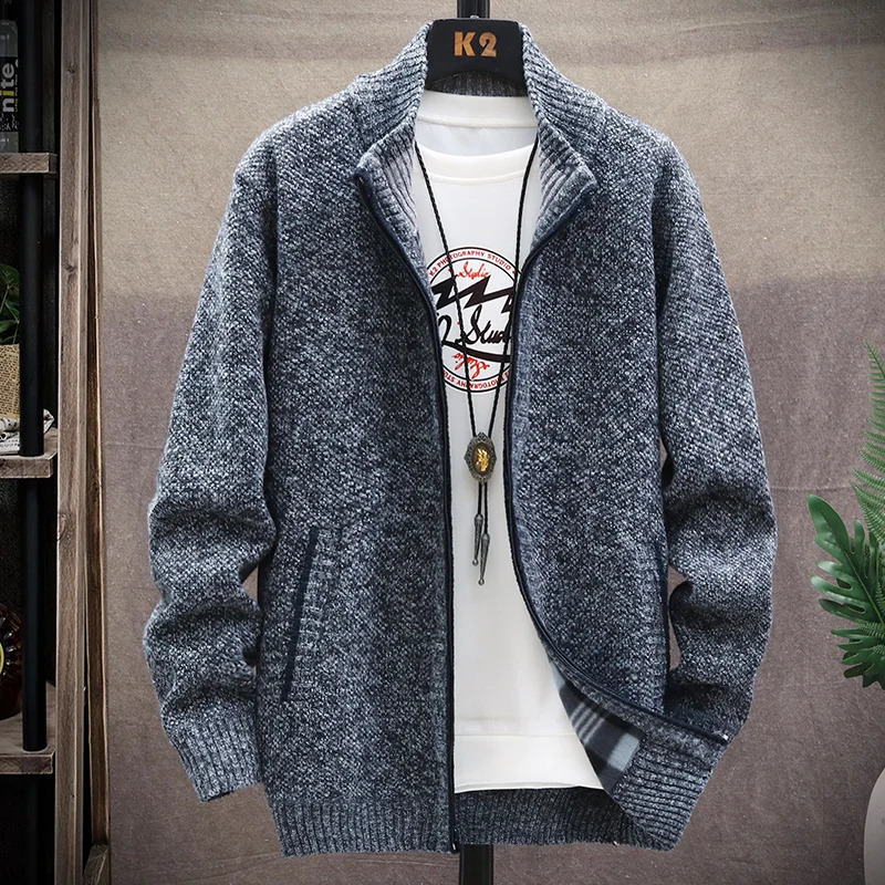 Autumn Winter Knitted Fleece Sweater Men Fashion Slim Fit Cardigan Causal Sweaters Coats Solid Thicken men 250819