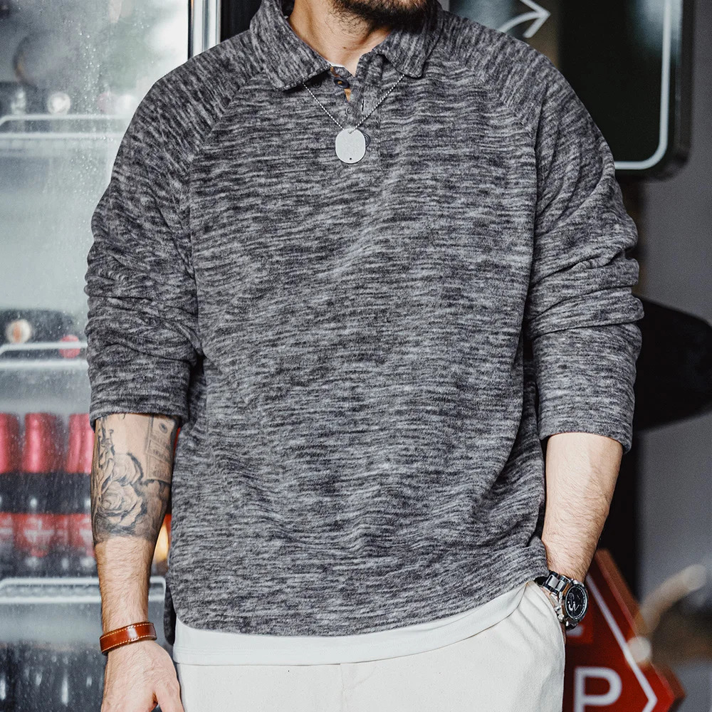Maden Casual Half-button Placket Polar Fleece Polo Shirt Loose Fit Pullover Sweatshirt with Raglan Sleeves Warm Tops for Men 250818